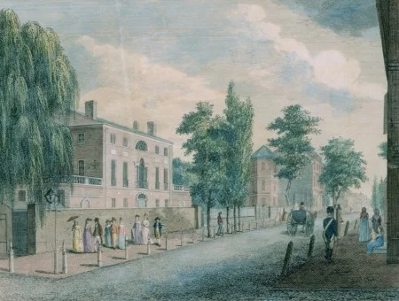 In this 1800 engraving of cosmopolitan Philadelphia, the Powels’ townhouse, one of the finest homes in Philadelphia, is visible in the background. Here, the couple hosted some of the most important figures of the early United States. Library Company of Philadelphia.